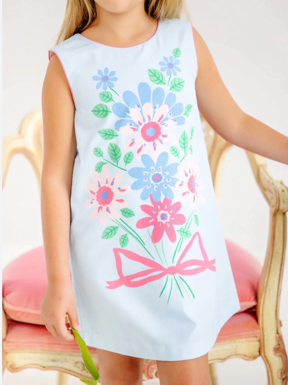 The Beaufort Bonnet Co. Girls Light Blue Floral Shift Dress with Pink Bow